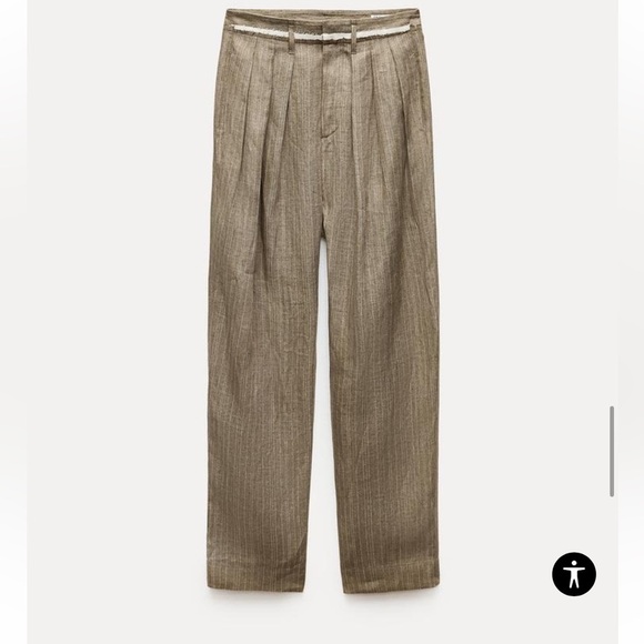 Zara ZW Collection Pleated Linen Pants Brown Hi Waist  Womens Size L New 3214 - Picture 1 of 11